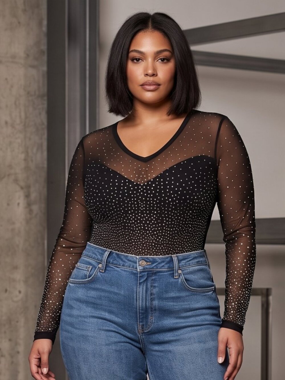 Onyx Black | Artistic Rhinestone Embellished Sheer Mesh Bodysuit | Large
